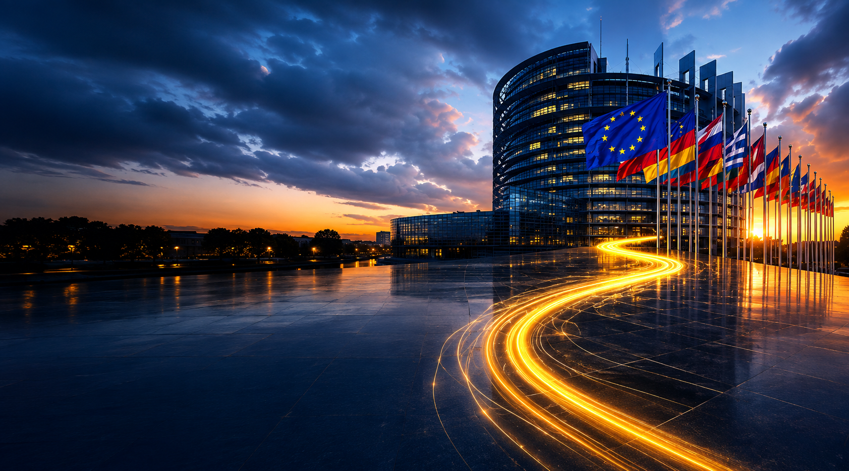 Il Parlamento europeo al tramonto con le bandiere degli Stati membri