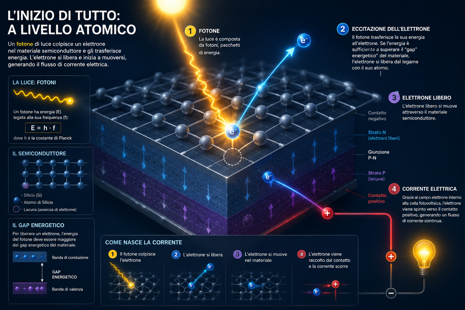 Come funziona il fotovoltaico: dal fotone all'elettrone, fino alla corrente elettrica