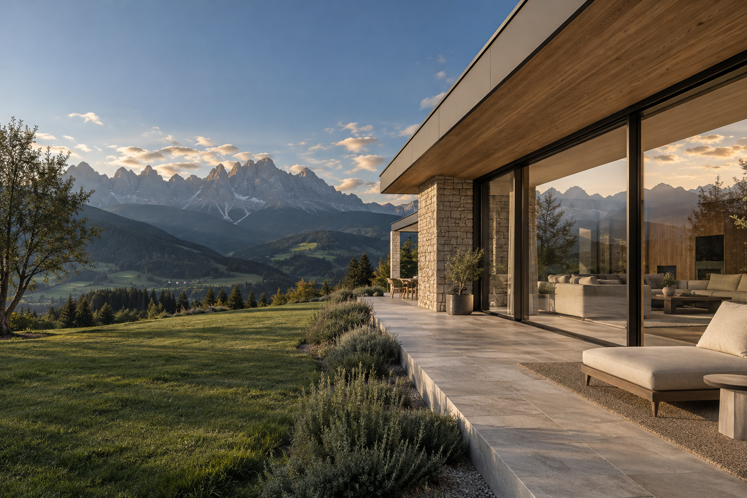 Villa con grandi vetrate affacciata sulle montagne, immagine illustrativa