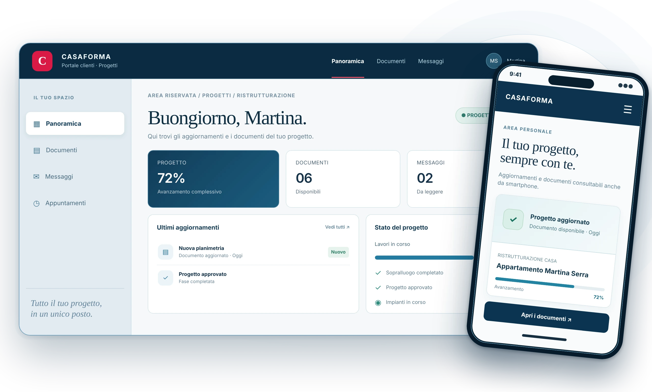 Esempio illustrativo di portale clienti consultabile da computer e smartphone, con stato progetto e documenti